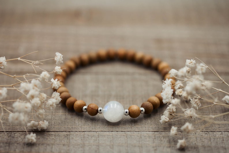 6mm Sandalwood and Rainbow Moonstone Bracelet Mala Bracelet Moonstone Bracelet June Birthstone Bracelet image 2