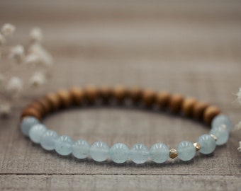 6mm Aquamarine and Sandalwood Bracelet + Geometric Gold or Silver | Mala Bracelet | Aquamarine Bracelet | March Birthstone Bracelet