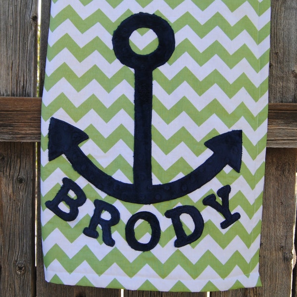 Navy and Green Crib Bedding, Green Chevron Blanket, Nautical Baby Blanket, Anchor Blanket, Navy and Green Blanket, Chevron Crib Bedding,