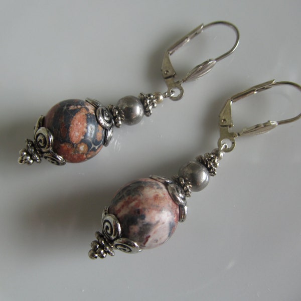 Handmade For You Beautiful Natural Stone Leopard Jasper, Tibetan Silver Beaded Lever Back Hook Earrings