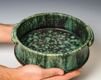 Casserole Dish in Green Glaze, Large Stoneware Crock, Ceramic Lasagna Pan Pottery Bakeware