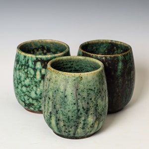 Stemless Wine Glass in Green Glaze, Ceramic Whiskey Goblet, Handmade Stoneware Pottery Tableware