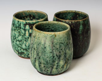 Stemless Wine Glass in Green Glaze, Ceramic Whiskey Goblet, Handmade Stoneware Pottery Tableware