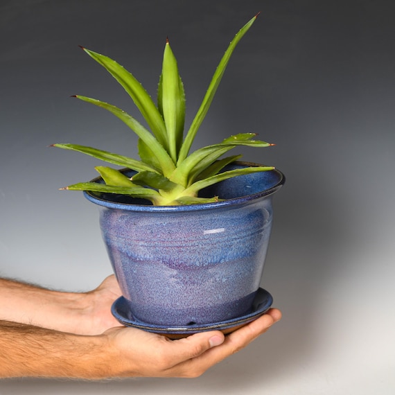 Wheel Thrown Planter with Drainage Holes | Stoneware Plant Pot | Purple Glaze #64