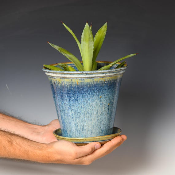 Wheel Thrown Planter with Drainage Holes | Stoneware Plant Pot | Blue & White Glaze #41