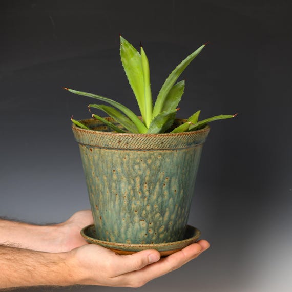 Wheel Thrown Planter with Drainage Holes | Stoneware Plant Pot | Green Glaze #30