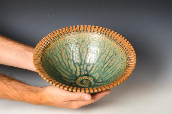 Ceramic Serving / Decorative Bowl / Green Glaze with Carved Edge #98
