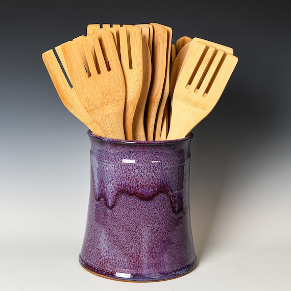 Ceramic Utensil Holder in Purple Glaze, Stoneware Kitchen Organizer Crock for Spoons