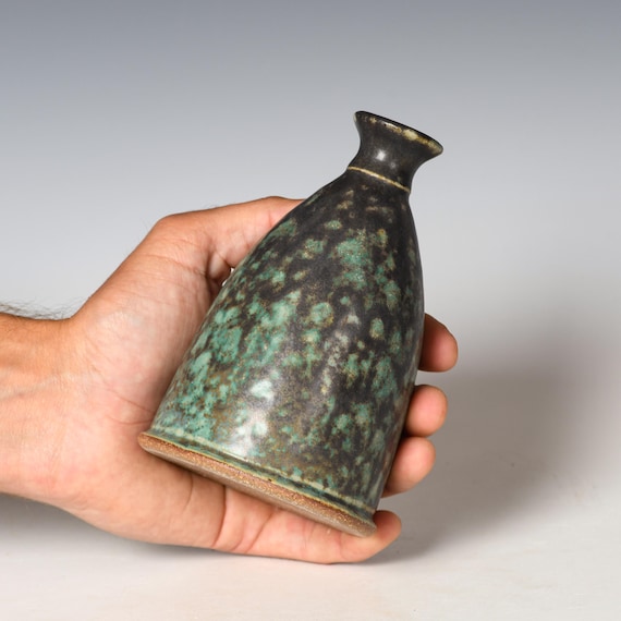 Small Wheel Thrown Flower Bud Vase | Green Glaze #23