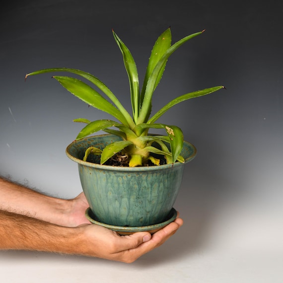 Ceramic Planter with Drainage Holes | Stoneware Plant Pot | Green Glaze #79