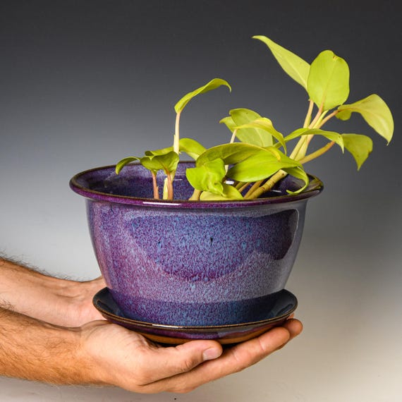 Wheel Thrown Planter with Drainage Holes in Purple Glaze, Stoneware Plant Pot #676
