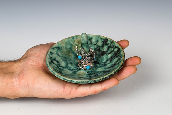 Ring Keeper Holder in Green Glaze, Handmade Stoneware Jewelry Dish