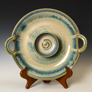 Chip and Dip Platter in Blue Glaze, Entertaining Dish, Ceramic Serving Tray