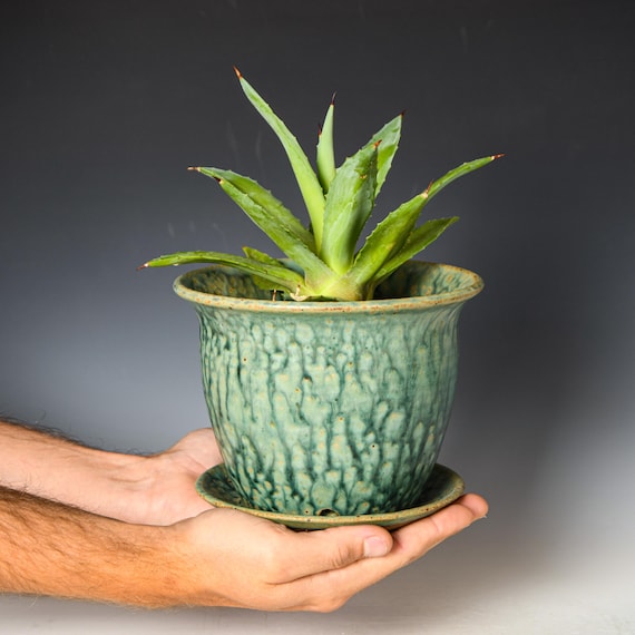 Wheel Thrown Planter with Drainage Holes in Green Glaze, Stoneware Plant Pot #709