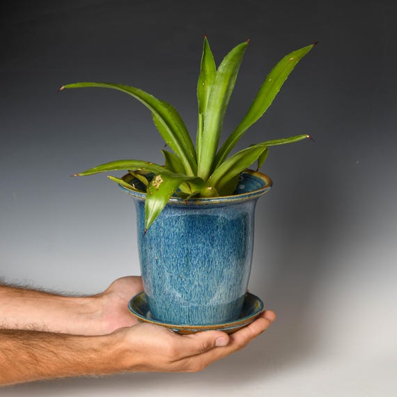 Ceramic Planter with Drainage Holes | Stoneware Plant Pot | Blue Glaze #85