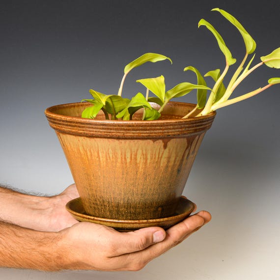 Ceramic Planter with Drainage Holes in Ash Glaze, Stoneware Plant Pot #666