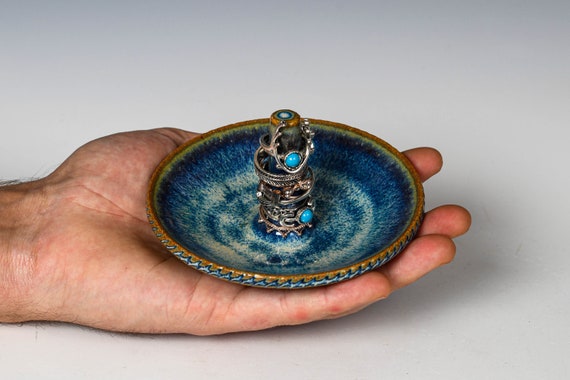 Ring Keeper Holder in Blue & White Glaze, Handmade Ceramic Unique Jewelry Dish, Clay Trinket Holder