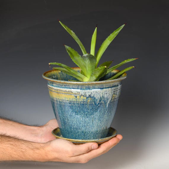 Ceramic Planter with Drainage Holes | Stoneware Plant Pot | Blue Glaze #28