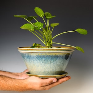 Ceramic Planter with Drainage Holes in Blue Glaze, Stoneware Plant Pot #613