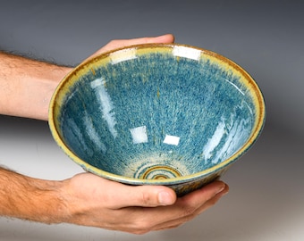 Ceramic Serving Bowl | Wheel Thrown Decorative Centerpiece | Blue Glaze #105