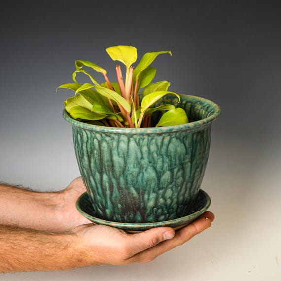 Ceramic Planter with Drainage Holes in Green Glaze, Stoneware Plant Pot #571