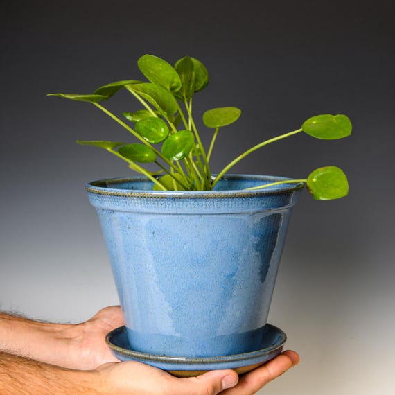 Ceramic Planter with Drainage Holes in Blue Glaze, Stoneware Plant Pot #604