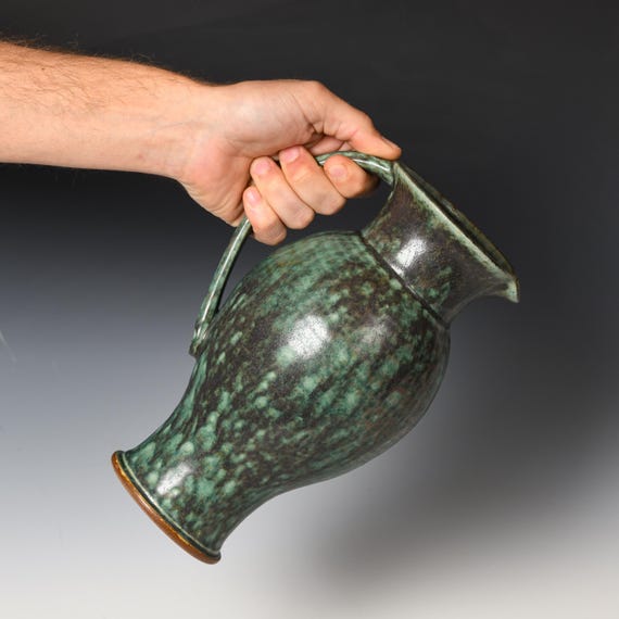 Stoneware Pitcher | Ceramic Flower Vase | Green & Black Glaze #30