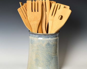 Porte Ustensile De Cuisine En Céramique Ajouré Décor Artisanal Fleurs Vertes