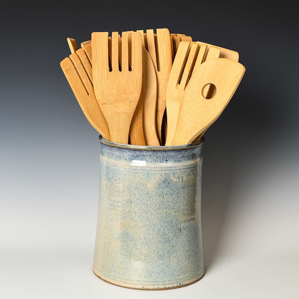 Ceramic Utensil Holder in Blue & White Glaze, Stoneware Kitchen Organizer Crock for Spoons
