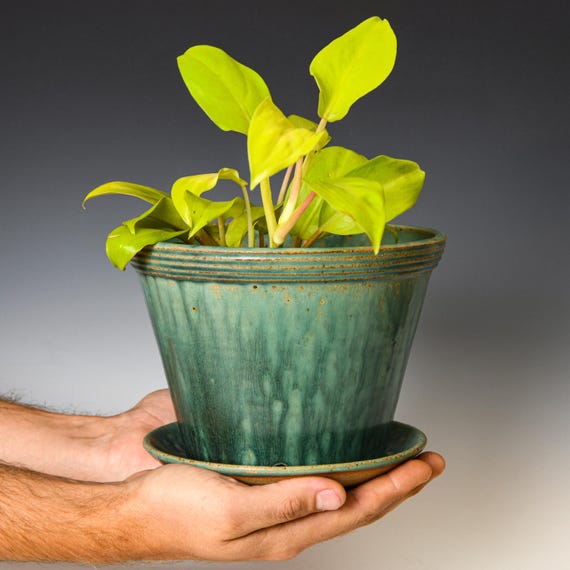 Ceramic Planter with Drainage Holes in Green Glaze, Stoneware Plant Pot #661
