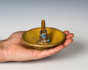 Handmade Ceramic Ring Keeper Holder in Yellow Ash Glaze, Unique Jewelry Dish, Clay Trinket Holder