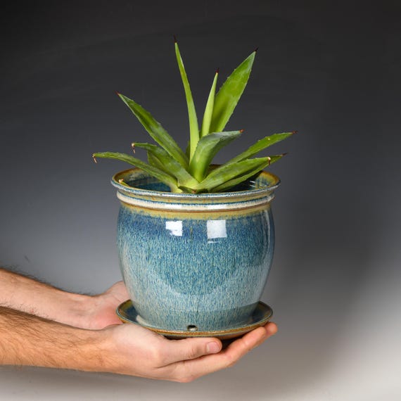 Ceramic Planter with Drainage Holes | Stoneware Plant Pot | Blue Glaze #2