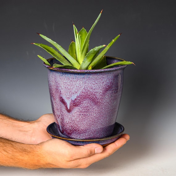 Ceramic Planter with Drainage Holes in Purple Glaze, Stoneware Plant Pot #728