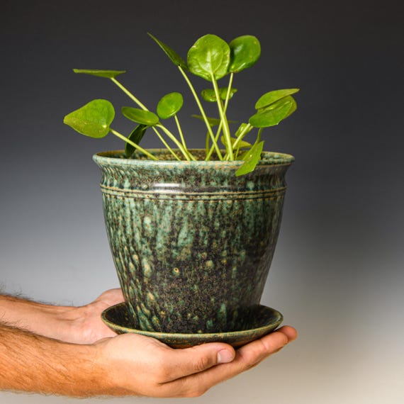 Ceramic Planter with Drainage Holes in Green & Black Glaze, Stoneware Plant Pot #605
