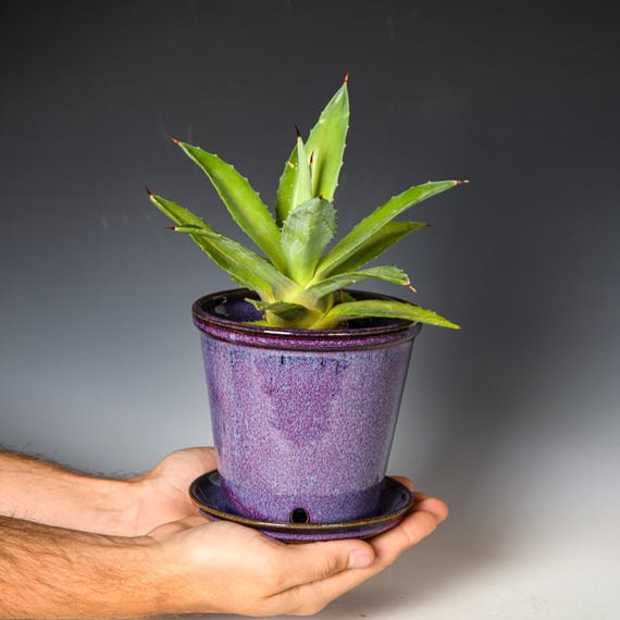 Ceramic Planter with Drainage Holes in Purple Glaze, Stoneware Plant Pot #710