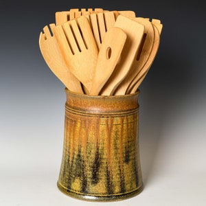 Ceramic Utensil Holder in Yellow Ash Glaze, Stoneware Kitchen Organizer Crock for Spoons