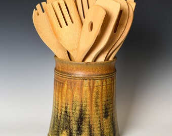 Ceramic Utensil Holder in Yellow Ash Glaze, Stoneware Kitchen Organizer Crock for Spoons