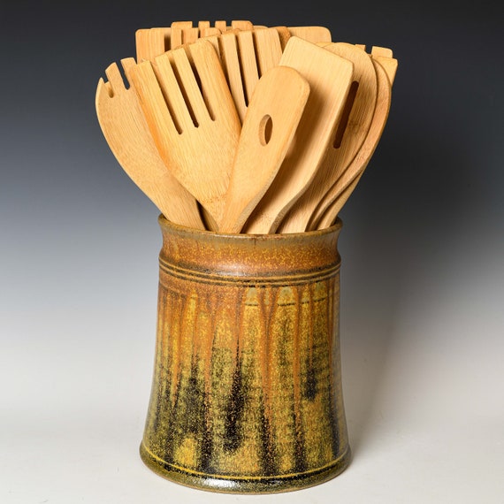 Ceramic Utensil Holder in Yellow Ash Glaze, Stoneware Kitchen Organizer Crock for Spoons