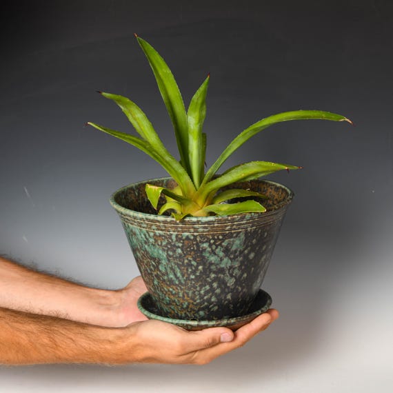 Wheel Thrown Planter with Drainage Holes | Stoneware Plant Pot | Green & Black Glaze #86