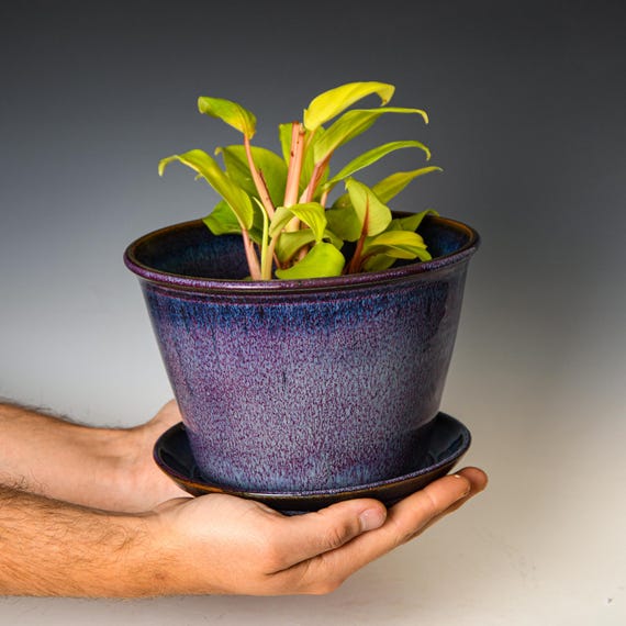 Ceramic Planter with Drainage Holes in Purple Glaze, Stoneware Plant Pot #574