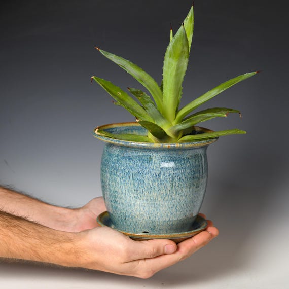 Wheel Thrown Planter with Drainage Holes | Stoneware Plant Pot | Blue & White Glaze #18