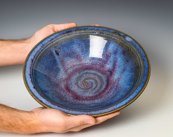 Ceramic Serving Mixing Bowl in Purple & Blue Glaze, Fruit or Salad Art Bowl, Handmade Decorative Pottery Centerpiece #43