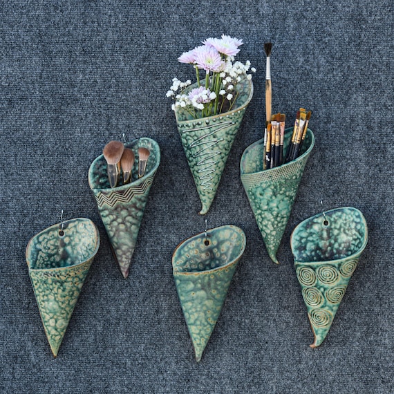 Ceramic Wall Pocket | Green Glaze | Stoneware Hanging Planter