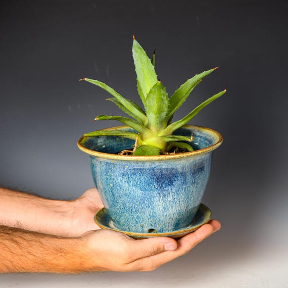 Wheel Thrown Planter with Drainage Holes in Blue Glaze, Stoneware Plant Pot #727