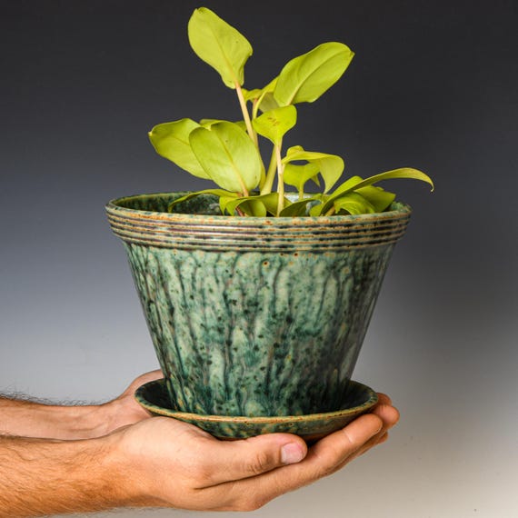 Ceramic Planter with Drainage Holes in Green & Black Glaze, Stoneware Plant Pot #665