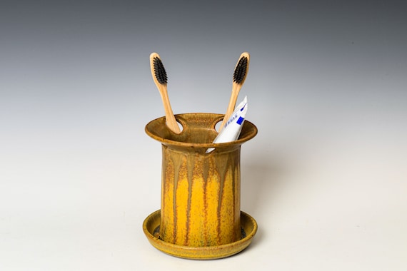 Toothbrush Holder in Yellow Ash Glaze, Ceramic Toothpaste Cup, Dishwasher Safe