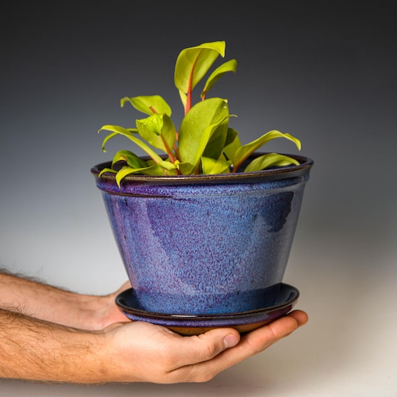 Pottery Planter with Drainage Holes in Purple Glaze, Wheel Thrown Flower Pot, Stoneware Plant Pot #510