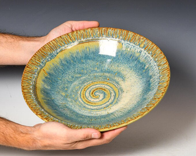 Ceramic Serving Bowl | Wheel Thrown Decorative Centerpiece | Blue Glaze ...