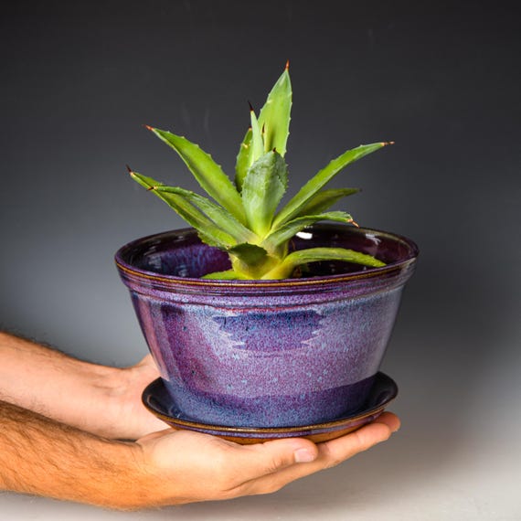 Wheel Thrown Planter with Drainage Holes in Purple Glaze, Stoneware Plant Pot #707