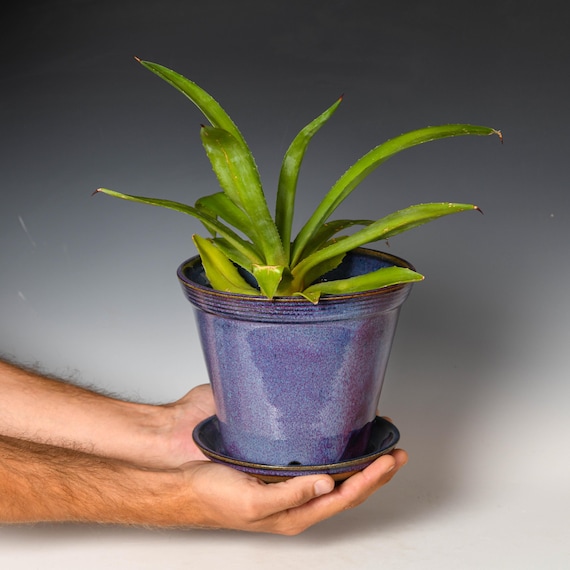 Wheel Thrown Planter with Drainage Holes | Stoneware Plant Pot | Purple Glaze #74
